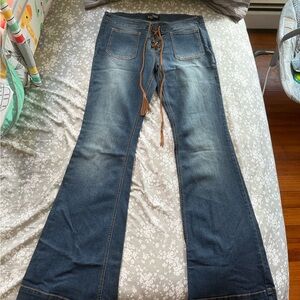 Blue Flared Jeans with Lace-Up Detail